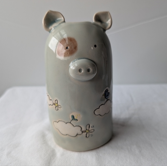 Machiko Erhard Artisan Pig Vase Grey Ceramic Propeller Clouds